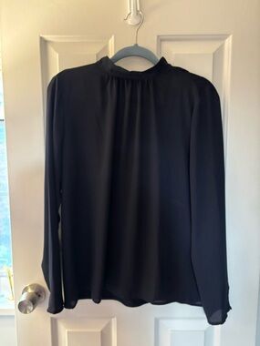 Ann Taylor Navy Long-Sleeve Mock Neck Satin Blouse